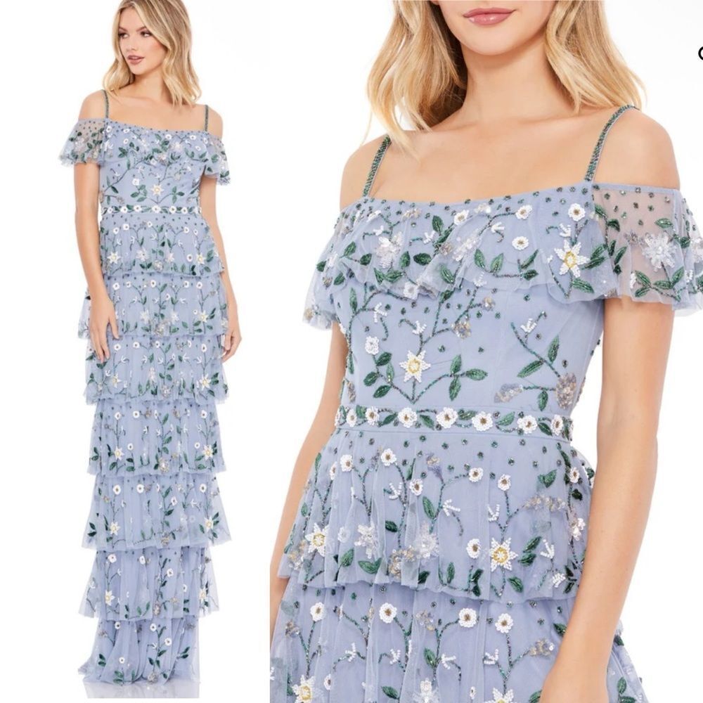 Mac Duggal 9069 Blue Ruffled Tiered Gown beaded tulle dress wedding prom NWT 10